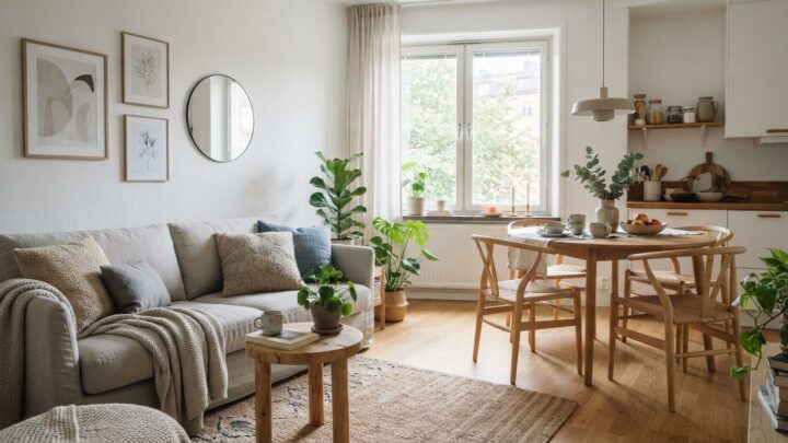 Lille stue og spisestue indrettet sammen i ét rum med naturligt lys
