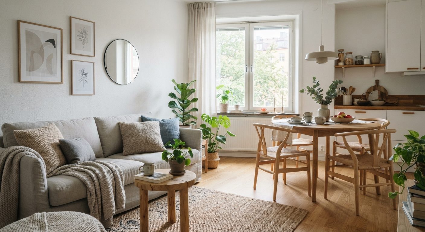 Lille stue og spisestue indrettet sammen i ét rum med naturligt lys