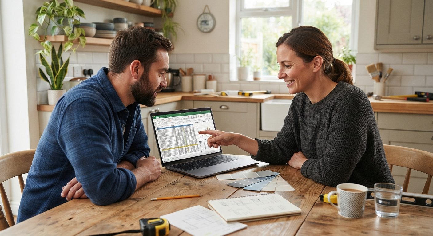 Par gennemgår byggebudget til renovering ved køkkenbordet