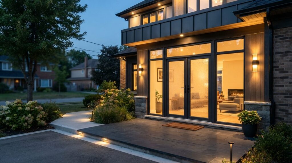Well-lit modern residential home entrance with secure plasti