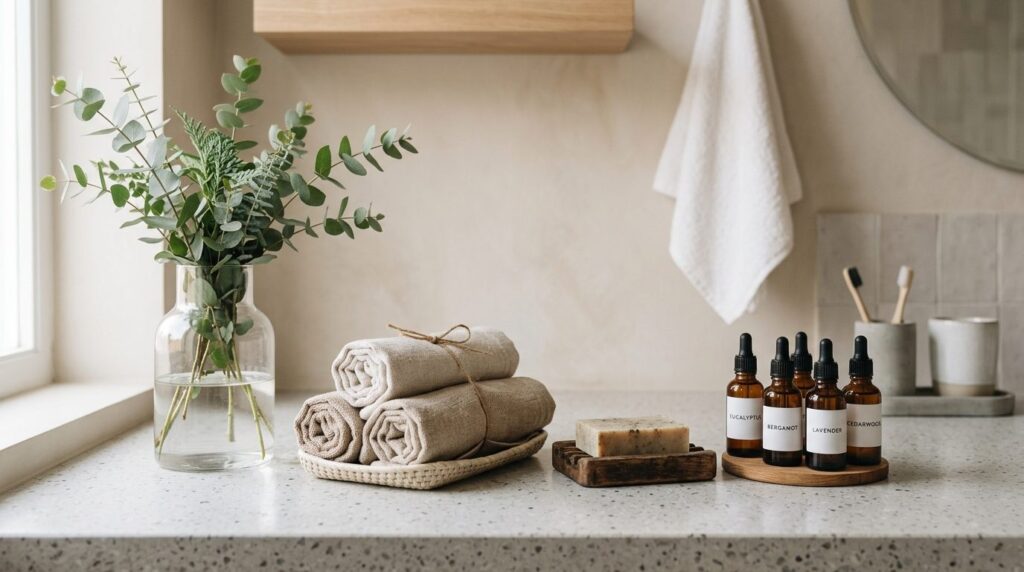 Close-up of a modern bathroom counter with essential oils bo