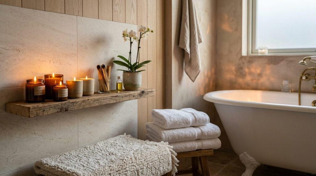 A peaceful bathroom corner with a comfortable bath mat, burn