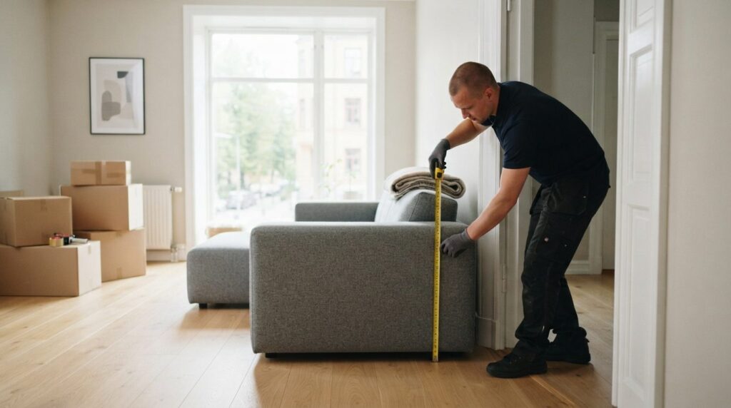 Close-up of a professional moving specialist measuring a lar