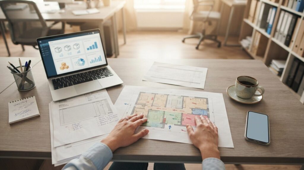 Overhead view of a moving coordinator reviewing a detailed f