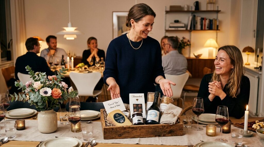 High-quality lifestyle photograph of a dinner host presentin