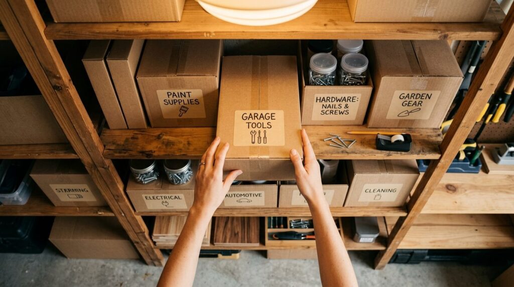 Close-up overhead view of hands organizing cardboard boxes a