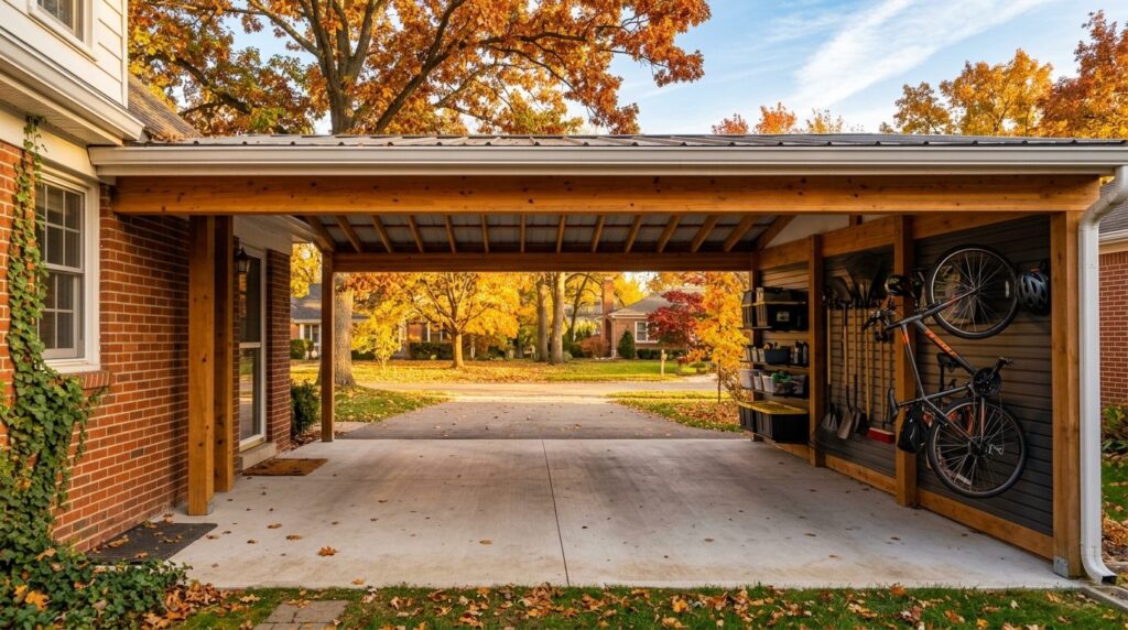 Wide shot of carport area during autumn season with declutte