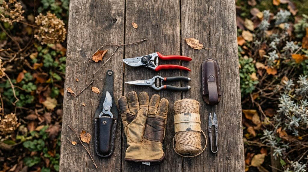 Close-up overhead shot of premium garden winter tools arrang