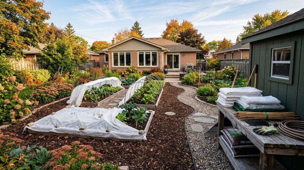 Wide angle photograph of a homeowners garden in early autum