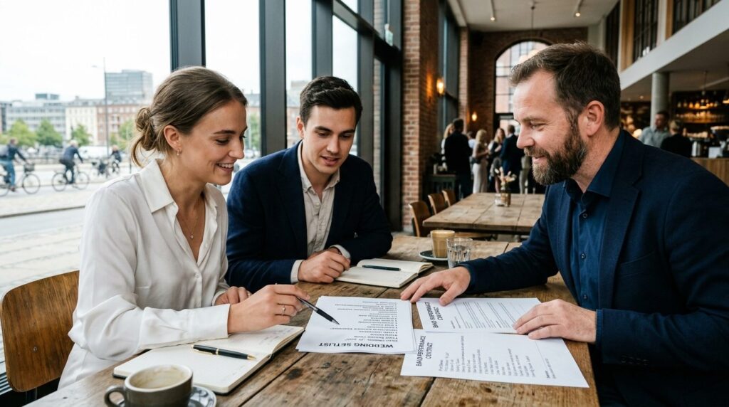 Close-up of bride and groom discussing with professional ban