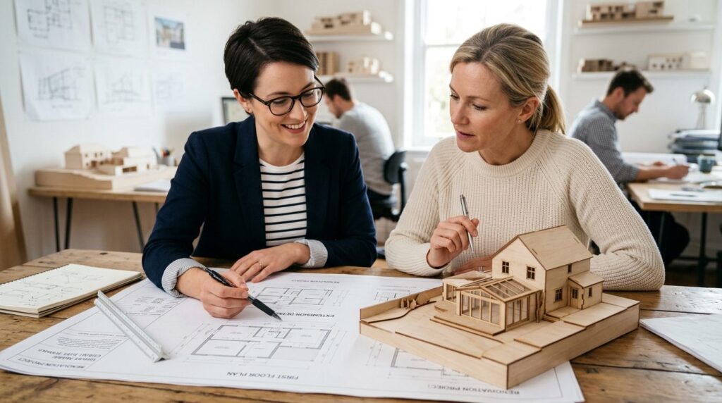 Close-up of architect and homeowner reviewing detailed build
