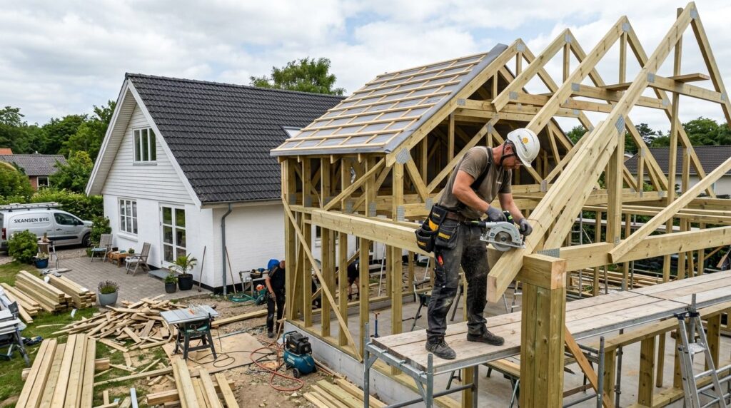 Construction site of residential home addition in progress,