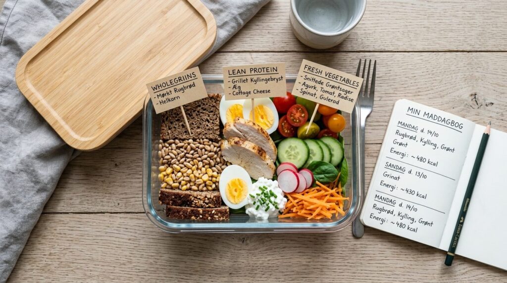 Close-up flat lay of a packed lunch container showing layere