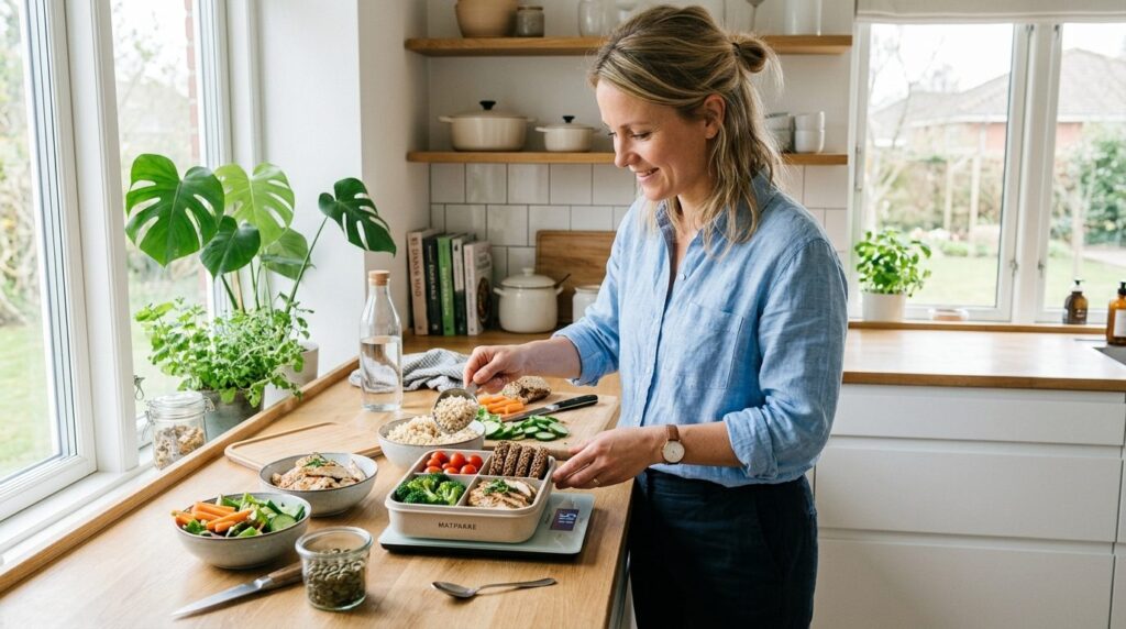 Modern kitchen scene of a woman preparing a lunch box with f