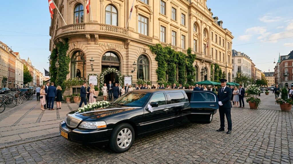 Wide angle photograph of a sleek black limousine parked in f