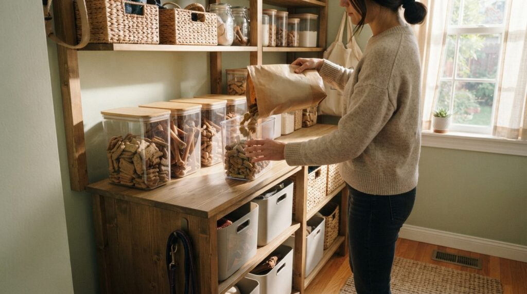 Realistic interior shot of a cozy home storage area showing
