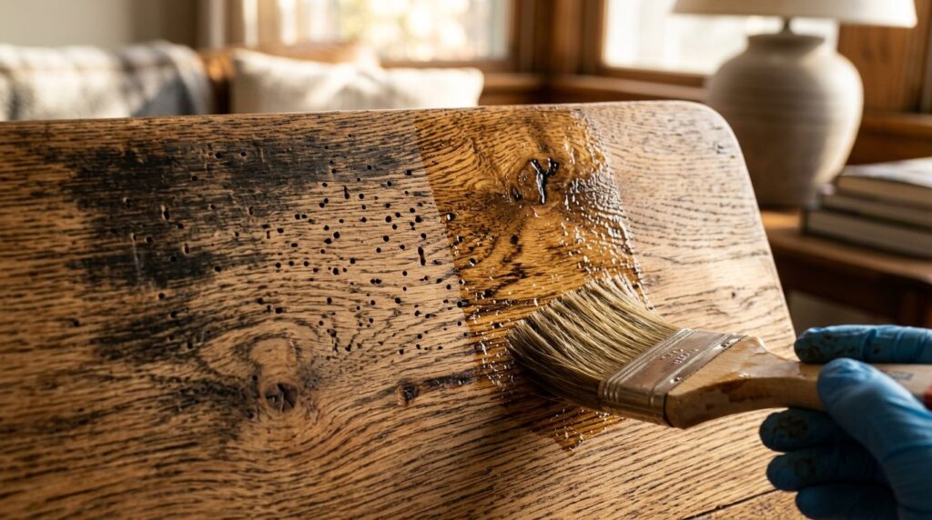 Close-up professional photograph of freshly treated wooden f