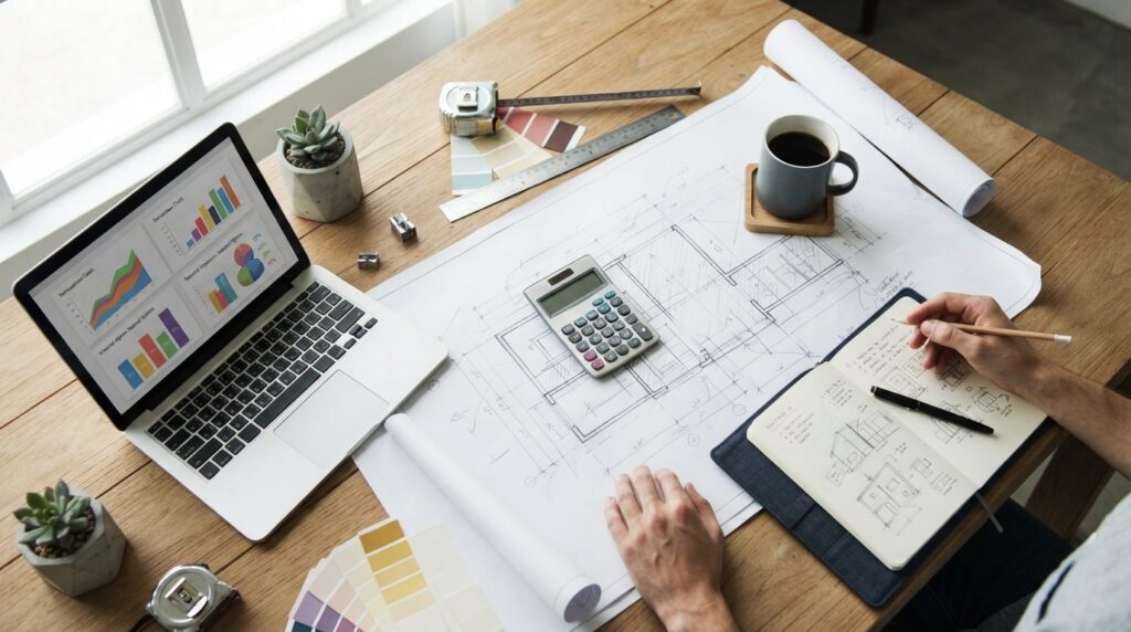 Photorealistic overhead view of renovation planning with blu