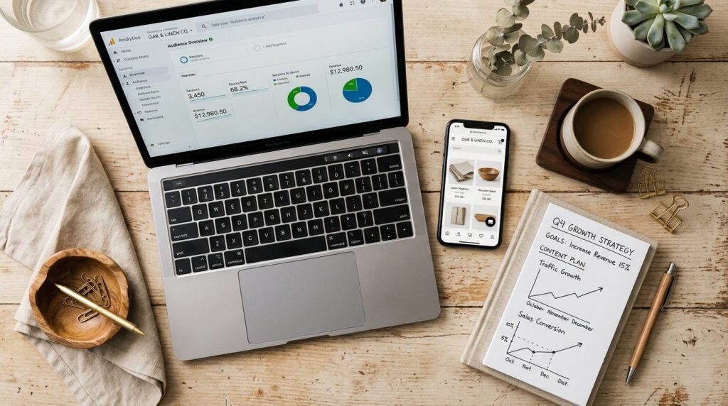 Close-up flat lay photography of small business essentials: 