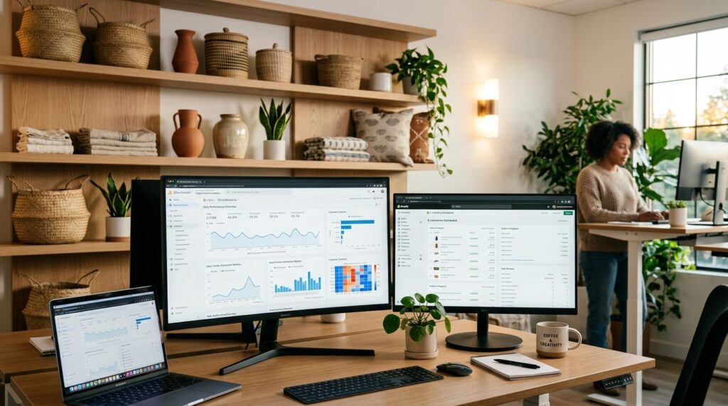 Professional workspace showing multiple digital screens disp