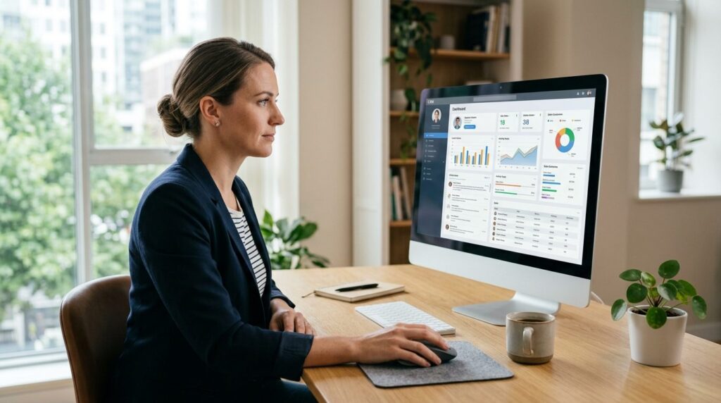 Small business owner reviewing customer management dashboard