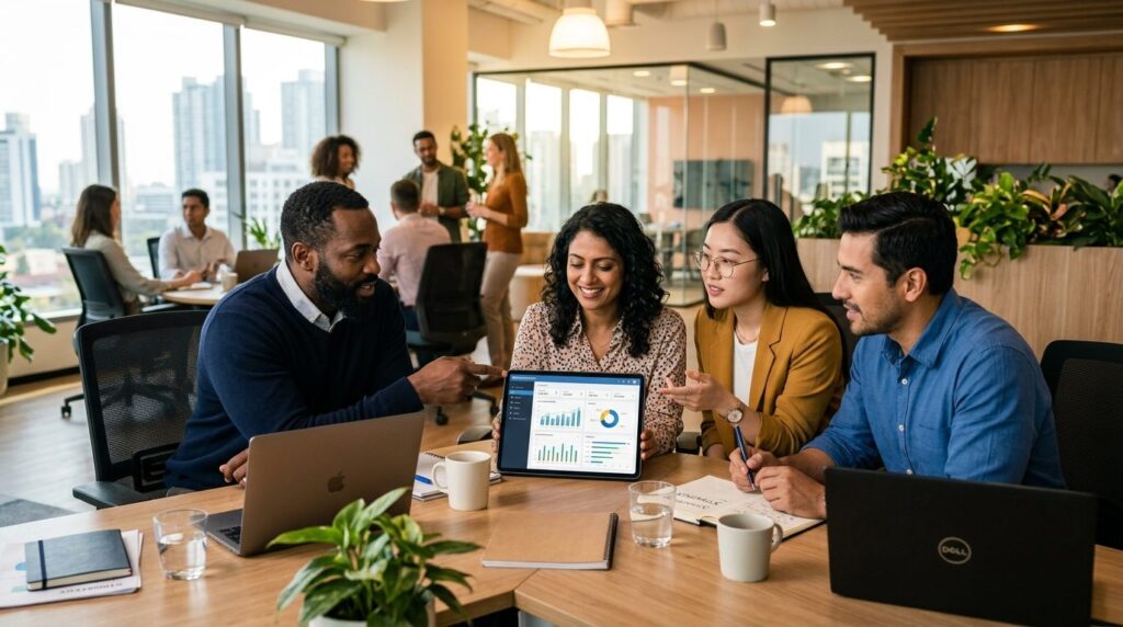 Team collaborating around desk with tablet showing business 