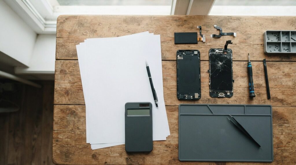 Overhead flat lay of smartphone repair cost breakdown showin