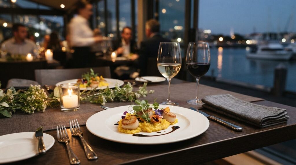 Close-up detail shot of a restaurant table setting for corpo