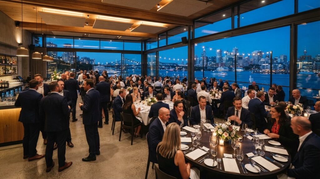 Wide angle shot of a spacious restaurant event space with mu