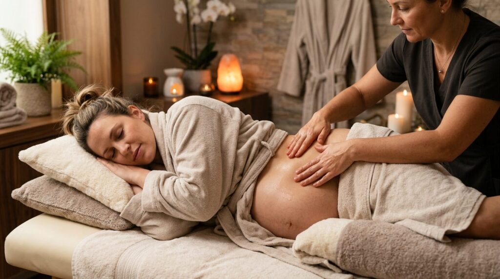Close-up of a pregnant woman receiving a gentle prenatal mas