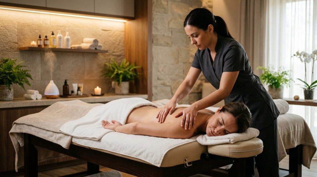 Woman lying face-down on a professional massage table receiv