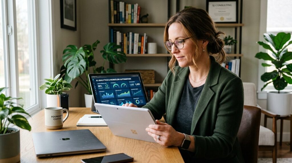 Close-up of a female business owner with tablet looking thou
