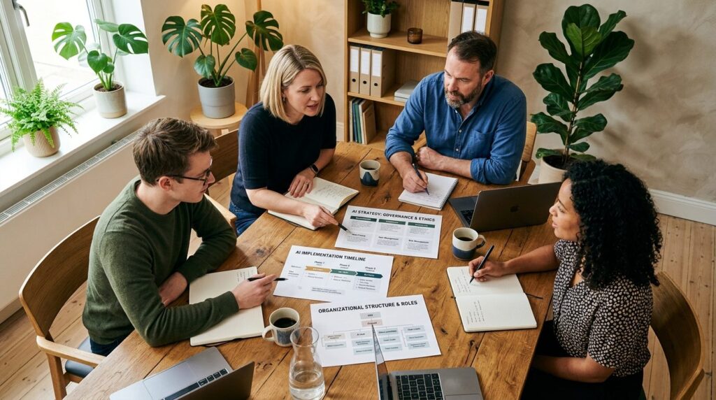 Overhead shot of a small business team discussing responsibi