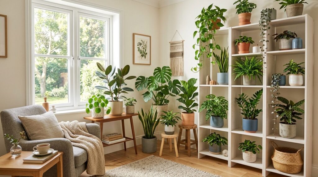 Wide angle photograph of a bright living room corner with mu