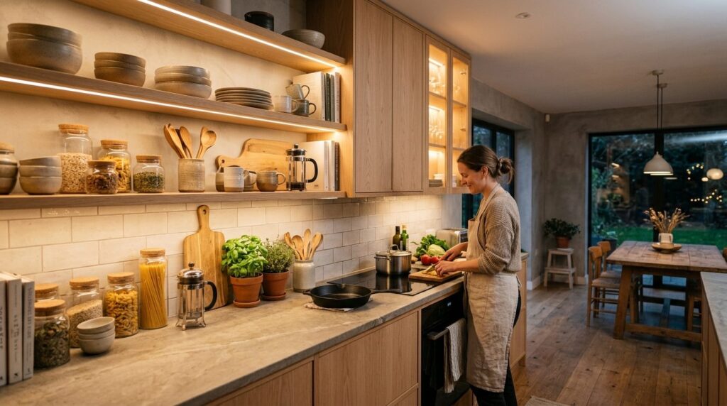 Wide-angle lifestyle photograph: A contemporary kitchen inte
