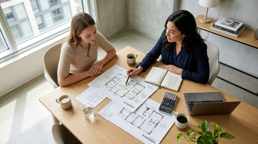 Overhead view of a real estate agent and client meeting at a