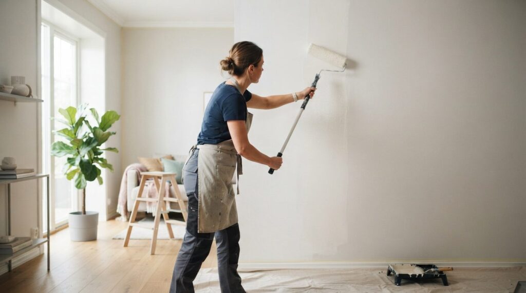 Skilled painter applying fresh white paint to living room wa