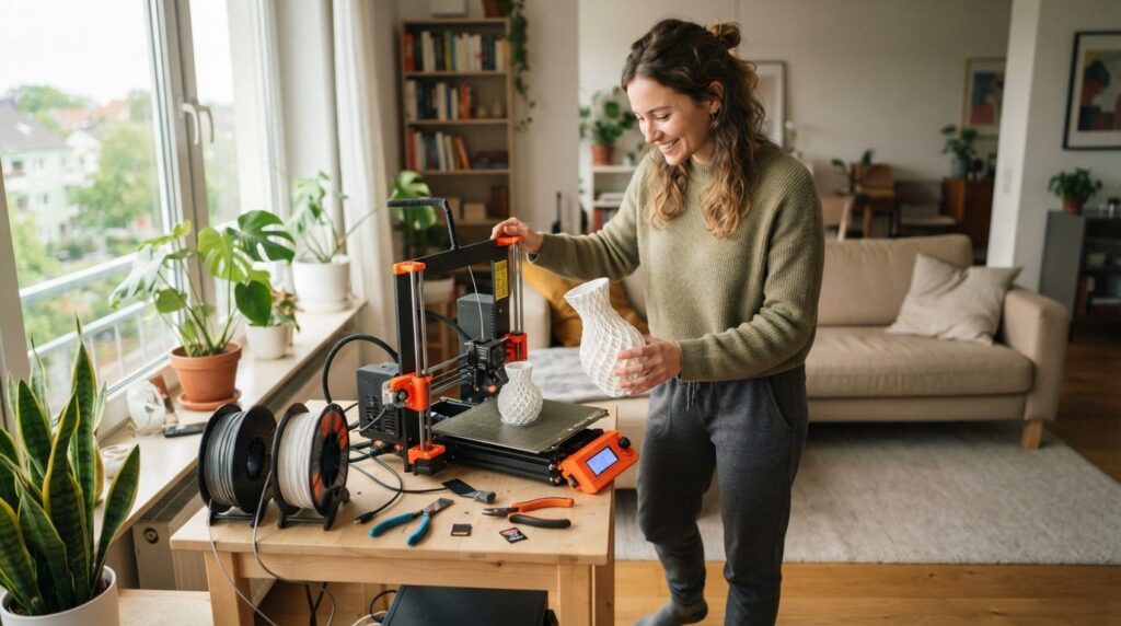 Woman in casual home clothing checking a finished 3D printed