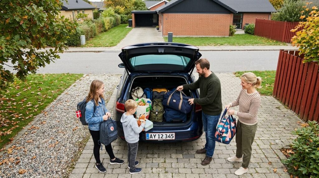 Realistic overhead view of a Danish family packing a car tru