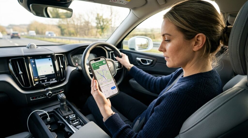 Interior shot of car passenger checking route and travel tim