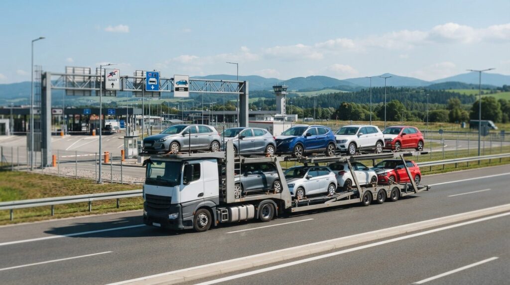 Close-up shot of a European car carrier truck transporting v