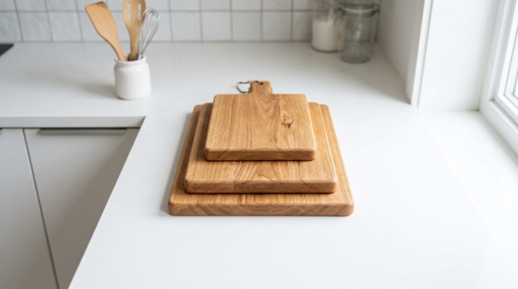 Close-up overhead shot of a wooden cutting board set contain
