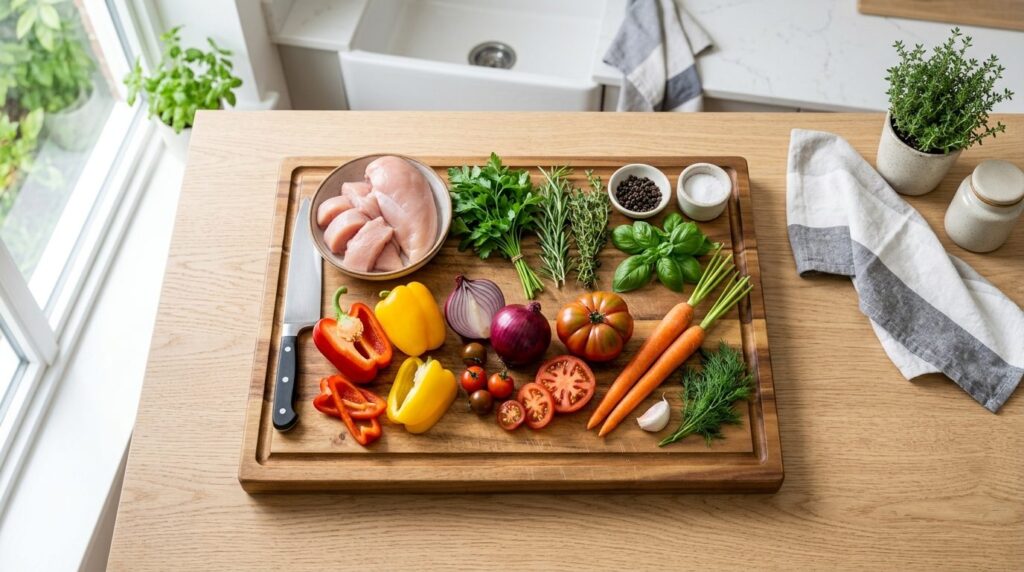 Flat lay food safety concept image showing a single cutting 