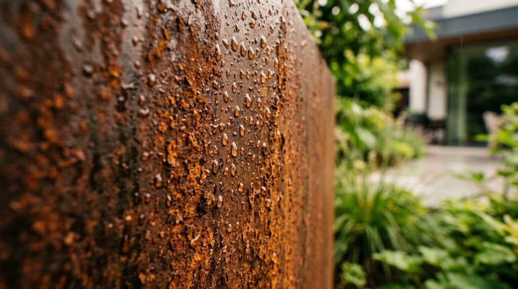Close-up detail shot of corten steel planter surface showing