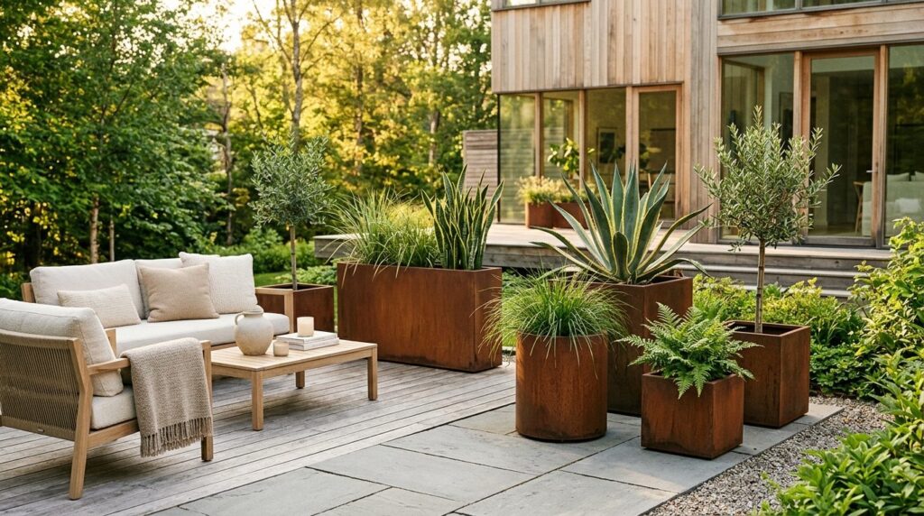 Styled interior outdoor living space with multiple corten st