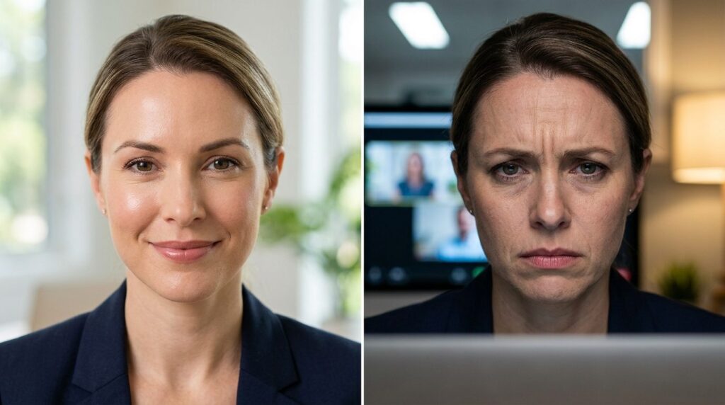 Close-up split-screen comparison of same professional woman