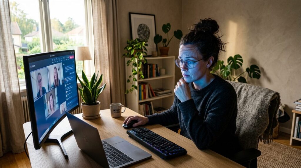 Home office workspace with woman at desk during video meetin