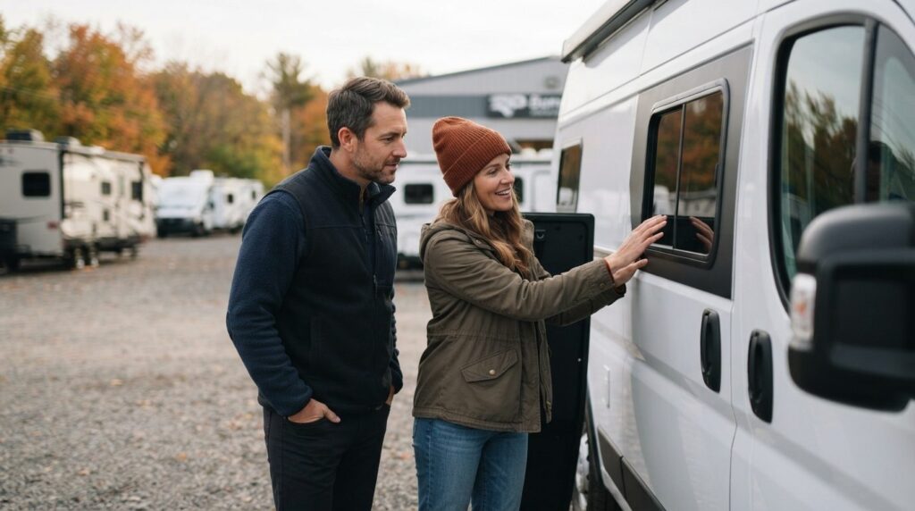 Close-up realistic stock photo of a couple examining a campe