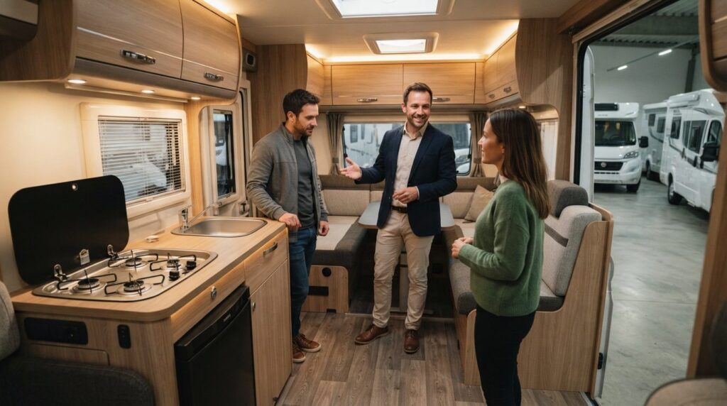 Realistic stock photo of a salesman showing camper van inter