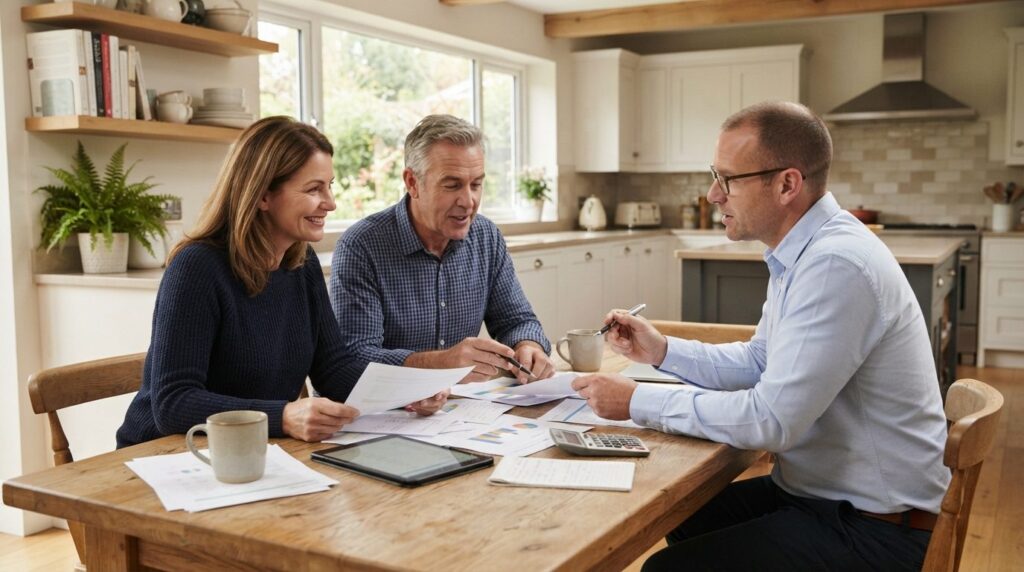 Close-up realistic shot of a middle-aged couple sitting at a